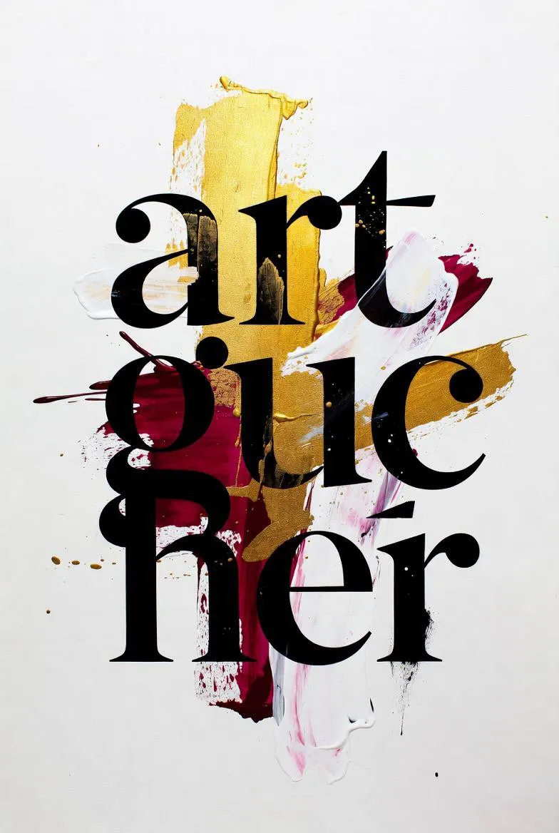 Schriftzug artgucher über Pinselstrichen in Gold, Magenta und Weiss